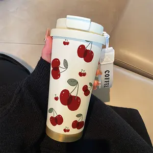 Cute Cherry Insulated Cup, 530ML Stainless Steel Vacuum Flask with Straw and Lid, Hot & Cold Drinks, Office Outdoor Camping Travel Use