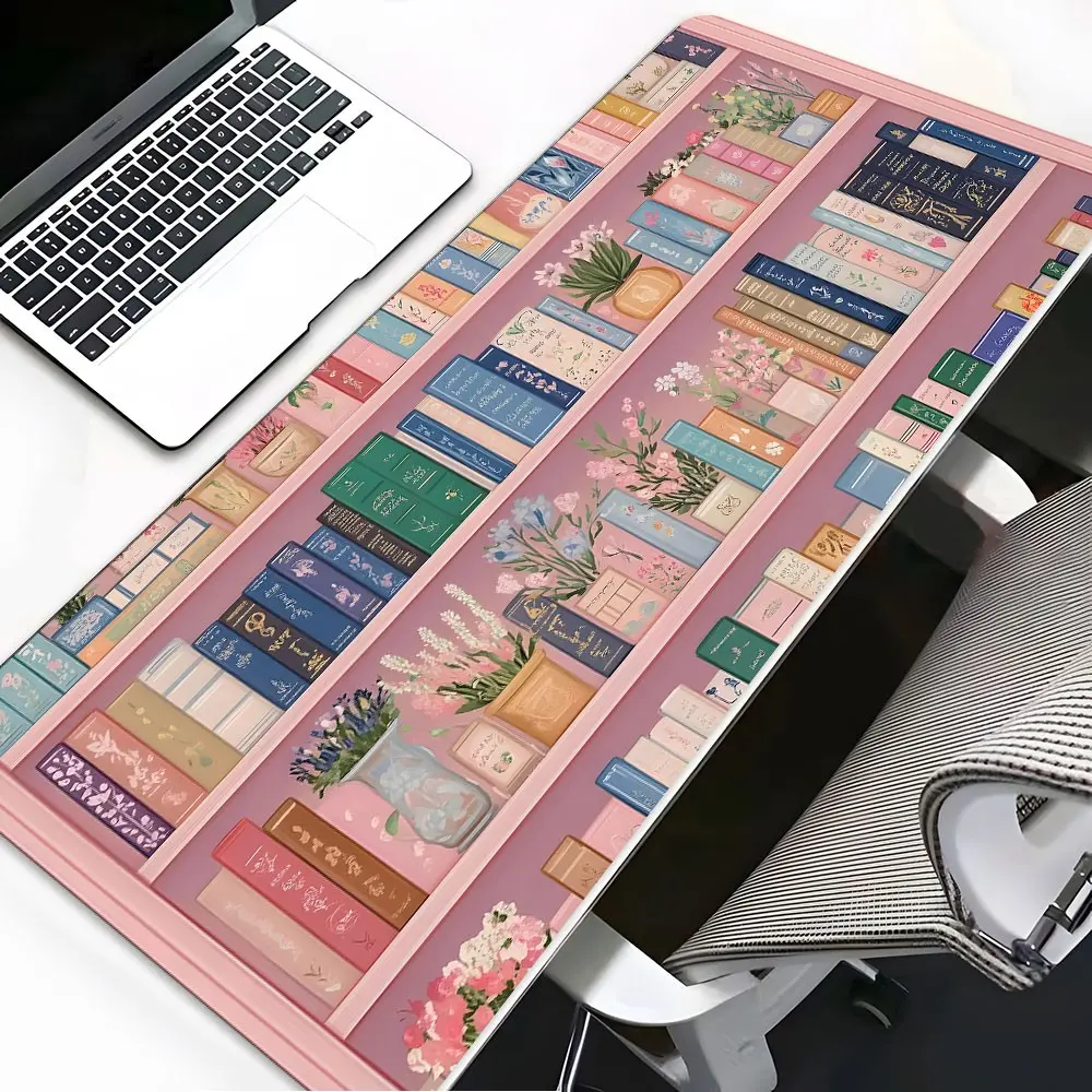 Vintage Pink Bookshelf Cottagecore Gaming Mouse Pad, Extended Desk Mat Non-Slip Rubber Base Stitched Edges, Cute Floral Computer Desk Pad for Home Office, Office Accessories, Aesthetic Desk Accessories, Perfect Gift for Book Lovers