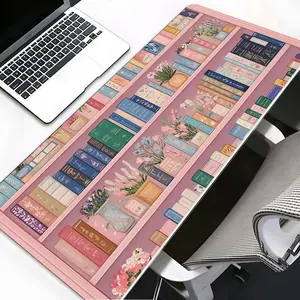 Vintage Pink Bookshelf Cottagecore Large Gaming Mouse Pad, Extended Desk Mat Non-Slip Rubber Base Stitched Edges, Cute Floral Computer Desk Pad for Home Office, Gaming Desk Accessory, Office Accessories, Perfect Gift for Book Lovers