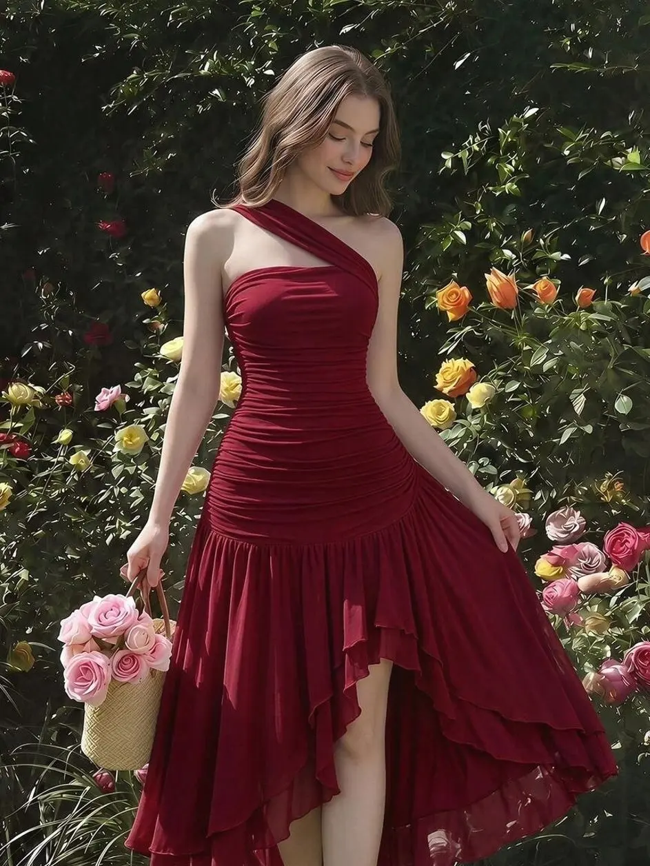 Women's One Shoulder Maxi Dress, Ruched High Low Hem Formal Gown for Prom, Graduation, Garden Party and Summer Vacation