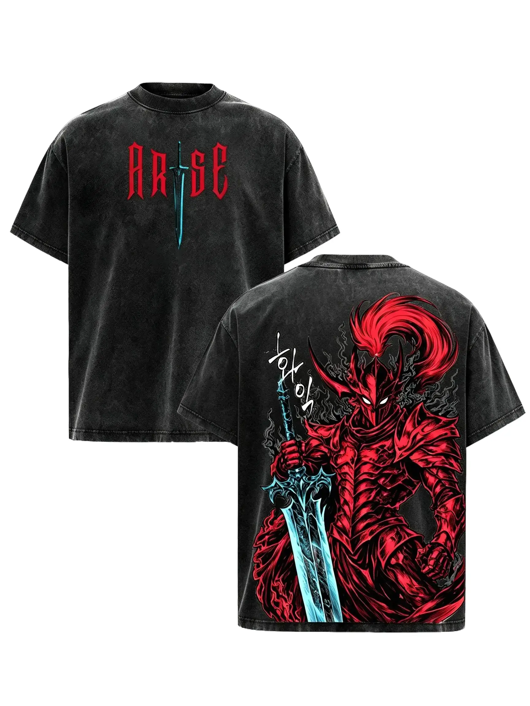 Solo Leveling Igris Tee Blood Red Commander Anime Graphic T Shirt Vintage Washed Grey Oversized Shirt Dark Fantasy Streetwear Y2K Japanese Manga Fashion Top Gamer Casual Clothing