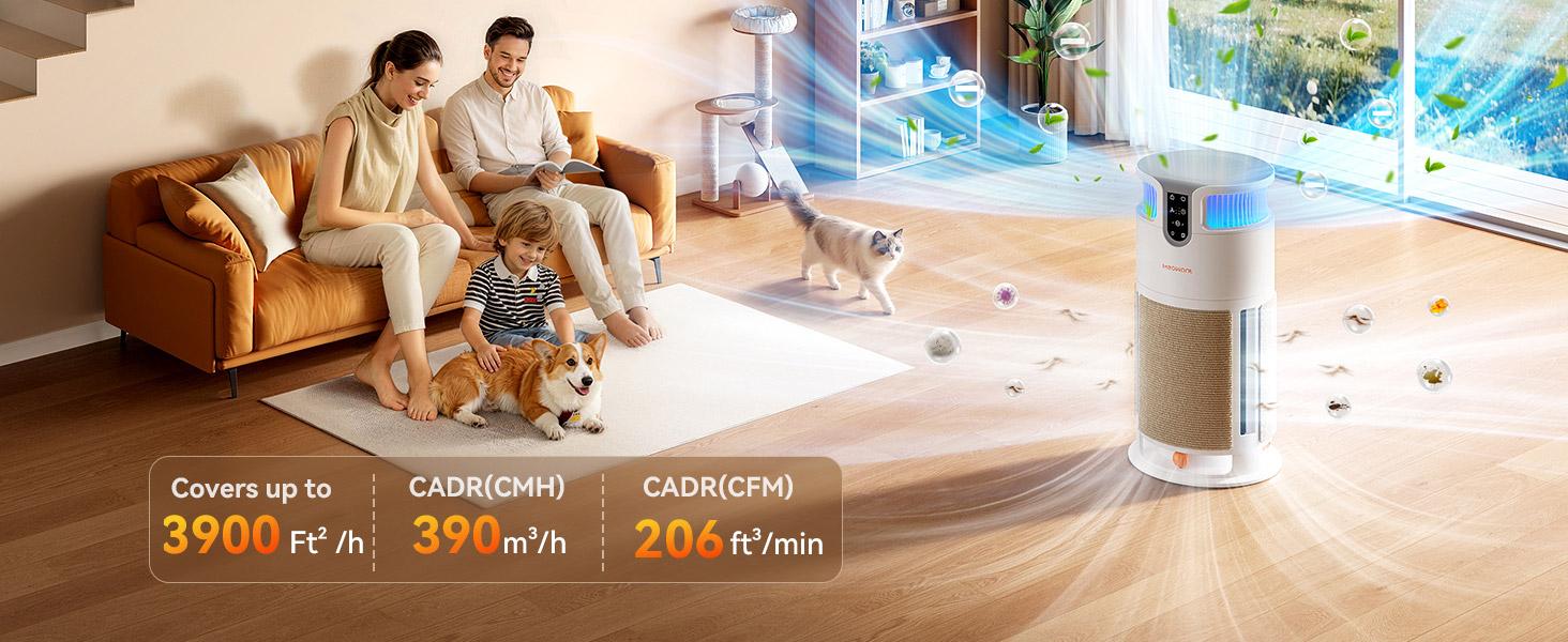 Meowant Air Purifier for Home, Pet Air Purifier 360°Air Intake & Air Outlet for Large Room, 4-in-1 H13 HEPA Filter Up to 3900 Ft² Air Cleaner for Pet Hair Dander Odors with Cat Scratch Board