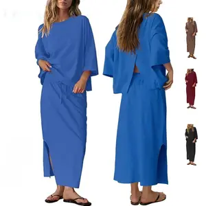 Ommig Womens 2 Piece Outfits Spring& Summer Skirt Sets Stretchy Oversized 3/4 Sleeve Top and Maxi Skirt with pockets and Slits Vacation Matching Lounge