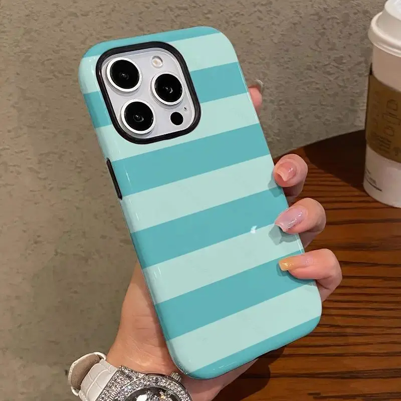 Fresh Minimalist High-Quality Green Striped Shockproof Smartphone Protection Cover - Lightweight Polycarbonate Dual-Layer 2-in-1 Durable Casing, Mobile Phone Accessory for iPhone 11/12/13/14/15/16/17 Pro, ProMax, Plus, Air; Available as Couple’s Case, Acc