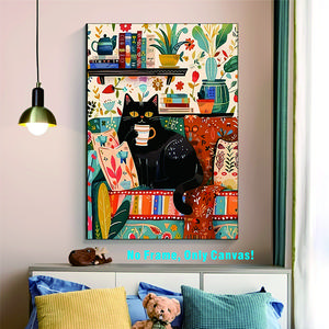 Cat Drinking Coffee Canvas Art, Floral Cat Design, Elegant Adult Gift, Modern Home Decor, Framed Wall Hanging, Frameless, No Frame Included