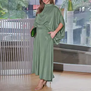 ChicMe Women's Elegant Satin 2 Piece Set Stand Collar Batwing Sleeve Tie Back Top & High Waist Maxi Skirt Outfits Commuting Dressy Matching Set