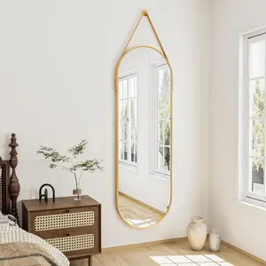 48"x16" Hanging Mirror with Leather Strap,Oval Full Length Mirror with Aluminum Frame Wall-Mounted for Bathroom Vanity Living Room Bedroom Entryway Decor, Gold