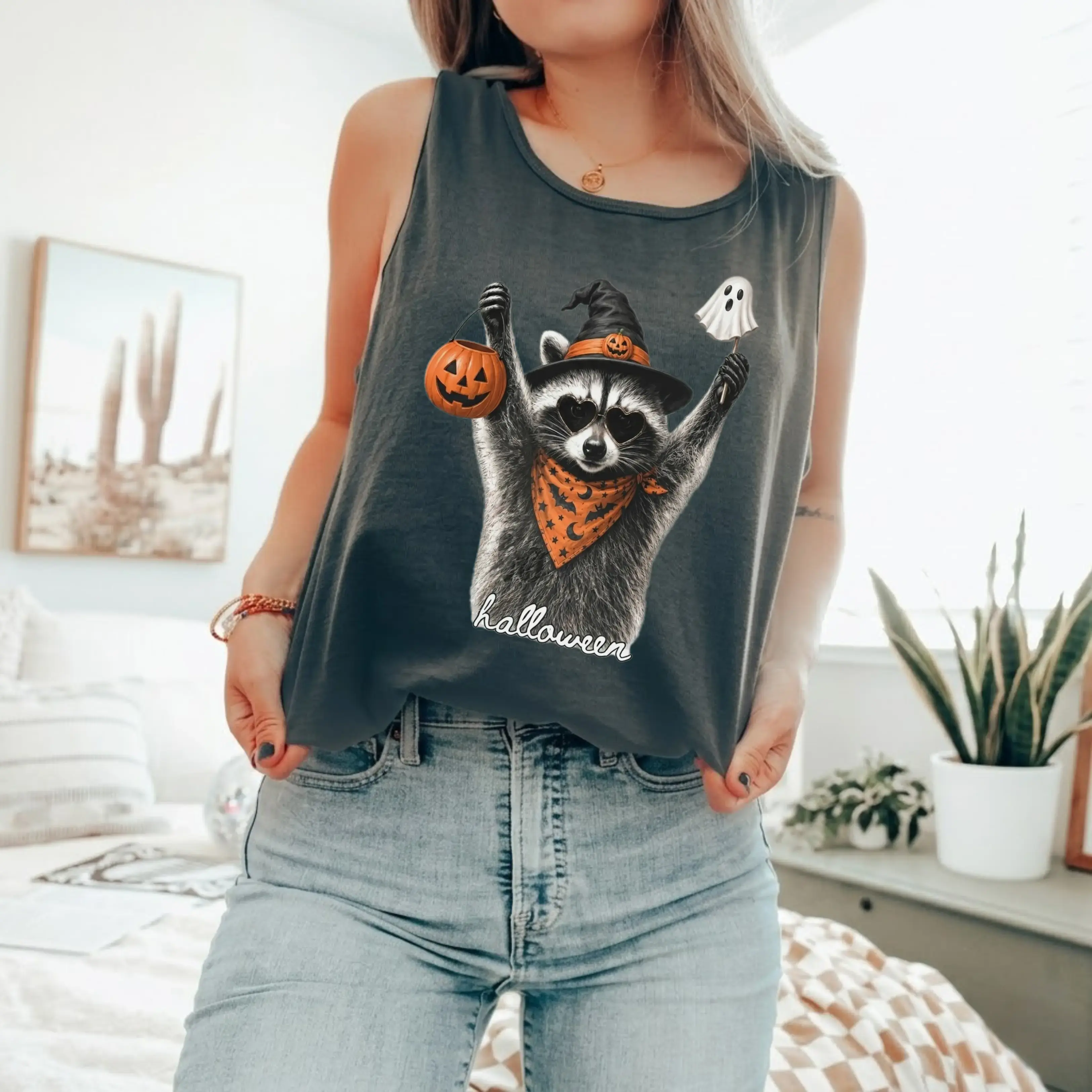 Comfort Colors Halloween Raccoon Tank Top, Funny Spooky Season Witch Hat Fall Graphic Tee Print Tee, Andrew Clothings