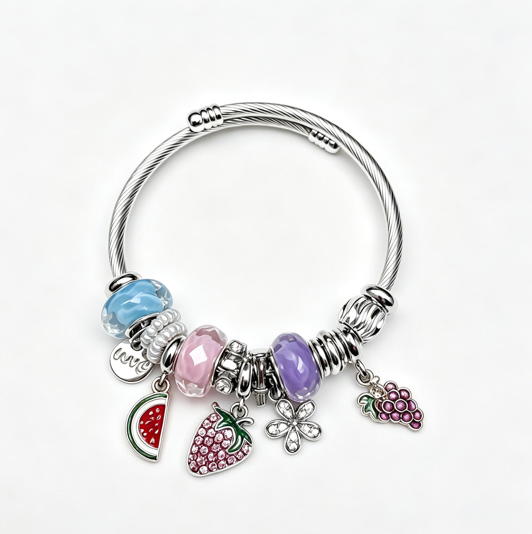 Adjustable Silver Cable Wire Charm Bangle Bracelet, Fruit Theme Dangle Charms with Watermelon Strawberry Grape Flower Rhinestone, Multicolor Murano Glass Beads Stackable Jewelry Gift for Women Teen Girls