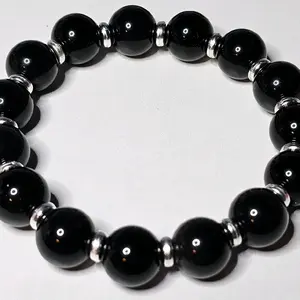 Natural Black Silver Obsidian Crystal Bead Bracelet 12mm