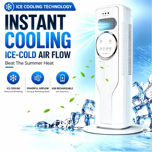 Bladeless Tower Fan with Ice Cooling Effect, Quiet Oscillating Fan, LED Display, Adjustable Wind Speed, Portable Personal Air Cooler for Bedroom, Office & Summer, Tower Fans, Stay Cool
