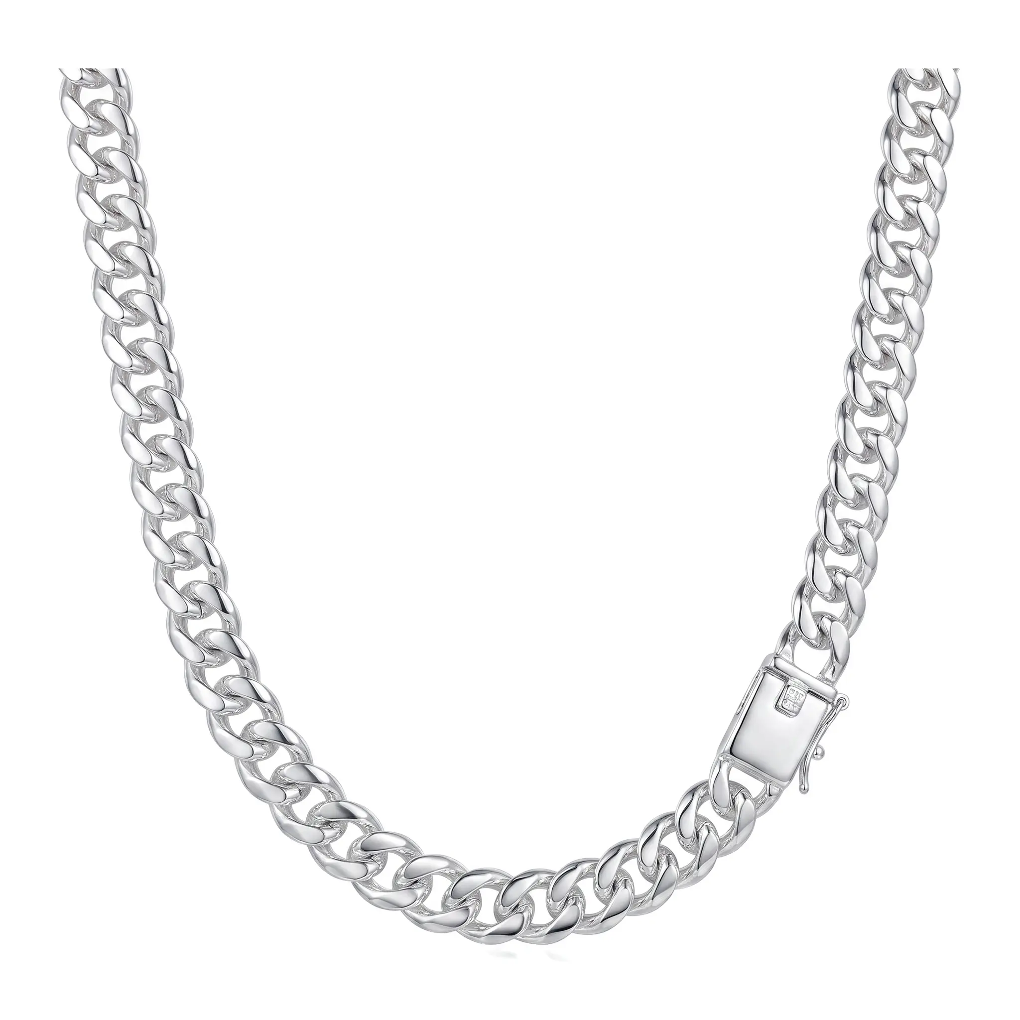Men's S925 Pure Silvery Cuban Link Chain Necklace, 20 Inch 10mm Bold Chunky Chain with Secure Double-Lock Clasp, Hip Hop Streetwear Jewelry Gift for Him