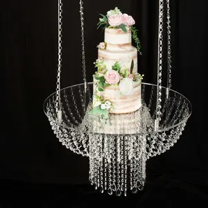 Acrylic Hanging Chandelier Cake Stand 25" Round with Crystal Drapes - Suspended Wedding Cake Swing with 5ft Steel Wire Chains