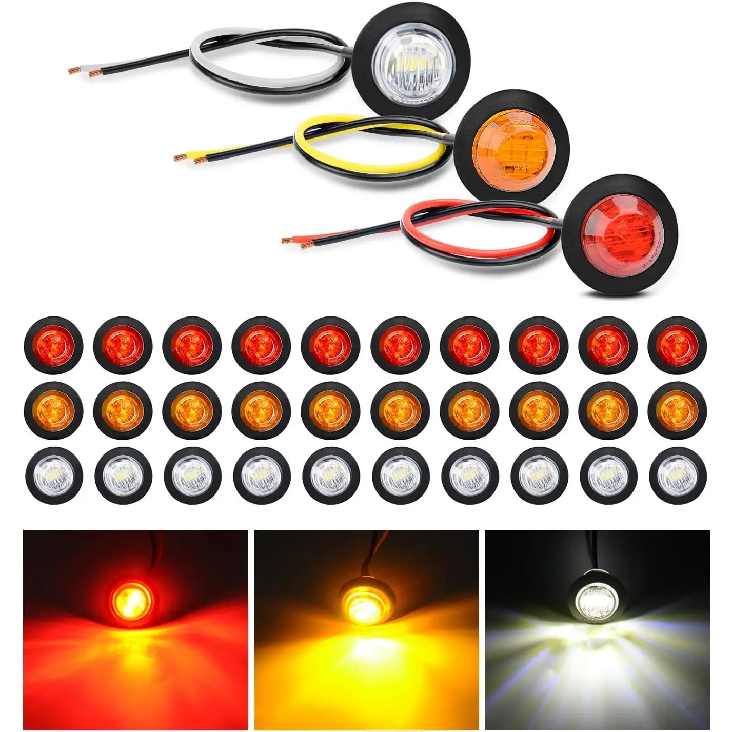 Nilight 30PCS 3/4 in Round LED 3/4 Mini Side Marker Clearance Lights - Waterproof Polycarbonate Lens, Surface Mount, Bullet Shape, 22AWG Wires, Rubber Grommet, 12V DC, 60LM, 100000H Lifetime, Universal for Trailers, Boats, Caravan (Amber/White/Red)