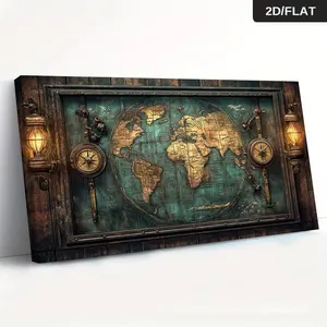 1pc Large Modern Abstract World Map Framed Canvas Wall Art Wood Frame Neutral Beige Gray White Black Blue Map Print for Living Room Minimalist Retro Chart Painting 2D Flat