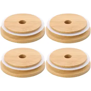 4 Pack 86mm Wide Mouth Bamboo Mason Jar Lids with Straw Hole Reusable Leak-Proof Bamboo Caps for Glass Canning Drinking Storage Jars