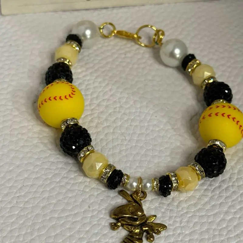 Baseball Theme Beaded Bracelet with Yellow Baseballs, Black and White Beads, Gold Charm, and Clasp Closure
