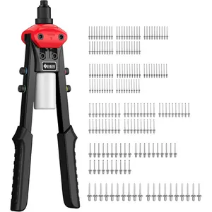 JiGiU 13" Heavy Duty Hand Riveter Tool Professional Pop Rivet Gun Rivet Tool Kit with 200PCS Rivets & 5 Nosepieces 3/32", 1/8", 5/32", 3/16", 1/4" for Metal Furniture Car Trailer