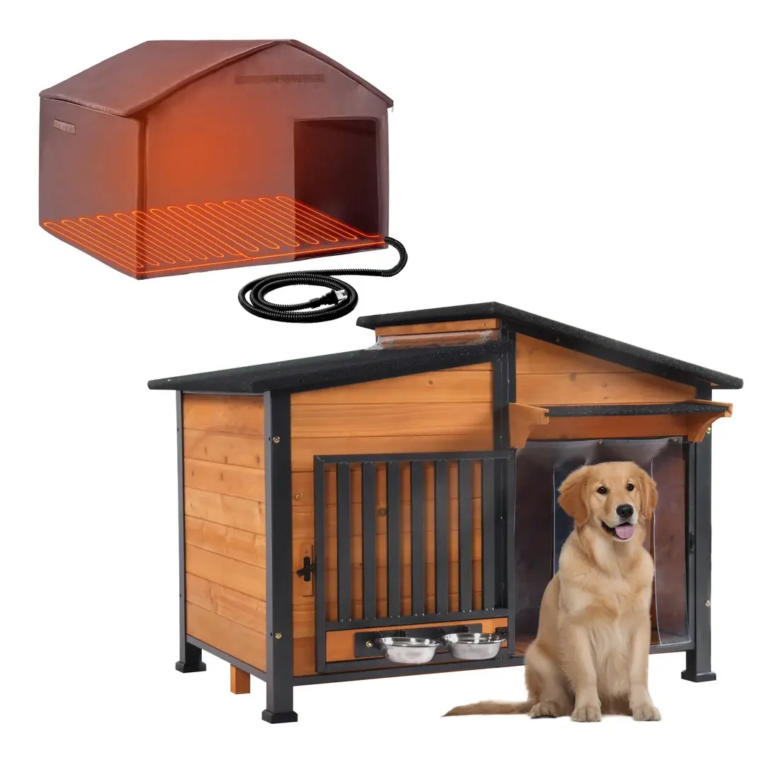 AIR7021-HP Heated Dog House with Heating Pad & Anti-Chewing Metal Frame, Insulated Wooden Dog Kennel with Unique Design Roof, Weatherproof Dog House for Indoor & Outdoor Use - Large - Brown