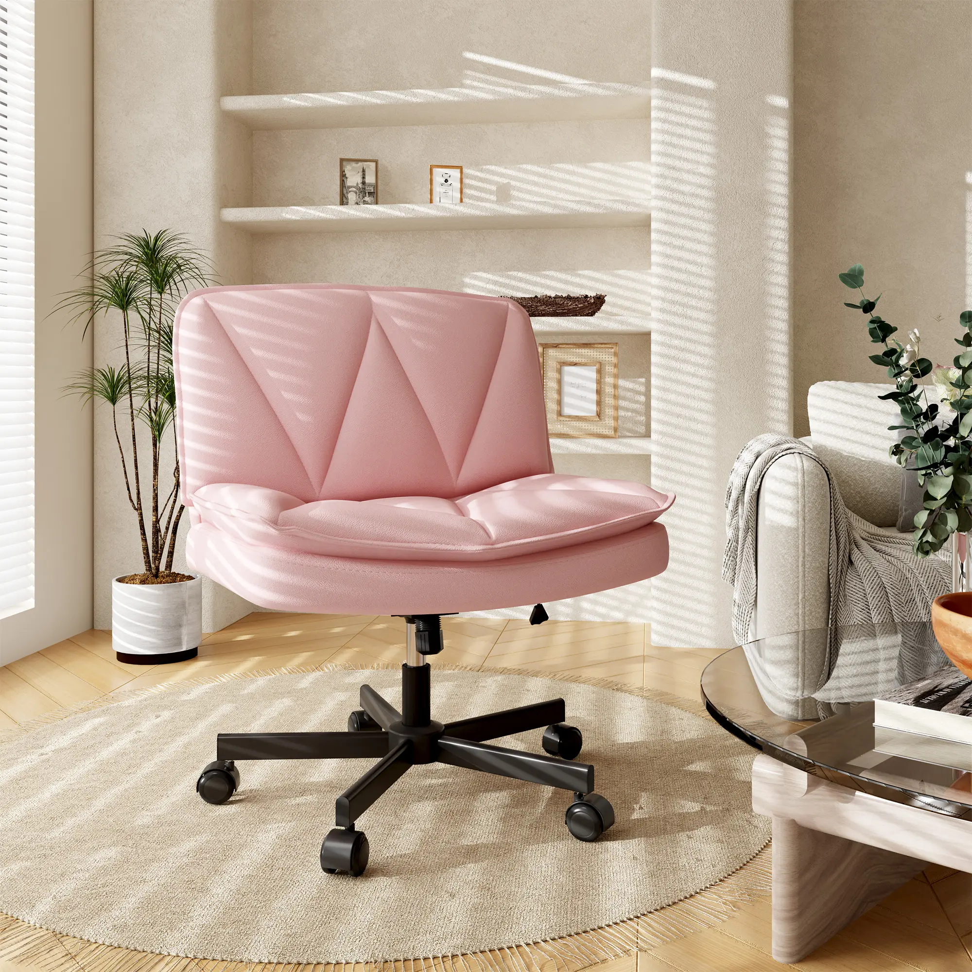 Raybee Cross Legged Vanity Chair Armless Home Office Desk Chairs with Wheels, PU Leather, Mid-Back, Height Adjustable, Faux Leather Wide Seat for Vanity Makeup, Modern Swivel Criss Cross Design Indoor Furniture #TikTokShopSummerSale