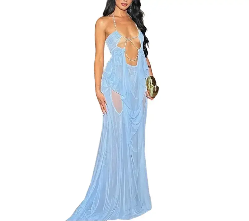 Women's Sexy Halter Formal Evening Gown with Mesh Splicing, Maxi Length Party Fit for an Outfit of the Night, Formal Wear, Sexy Party, Garment