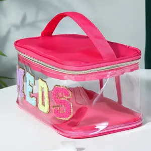 Clear PVC Travel Medicine Organizer - 1pc Chenille Letter Patch Toiletry Bag, MEDS Cosmetic Bag with Handle - Nylon Zippered Pouch for Medication Storage
