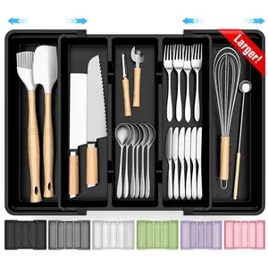 Large Silverware Organizer, Expandable Utensil Drawer Organizer for Kitchen Drawers, Kitchen Drawer Organizer for Spoons/Forks/Knives, Multipurpose & BPA Free Cutlery Tray, Black, 1 Pack