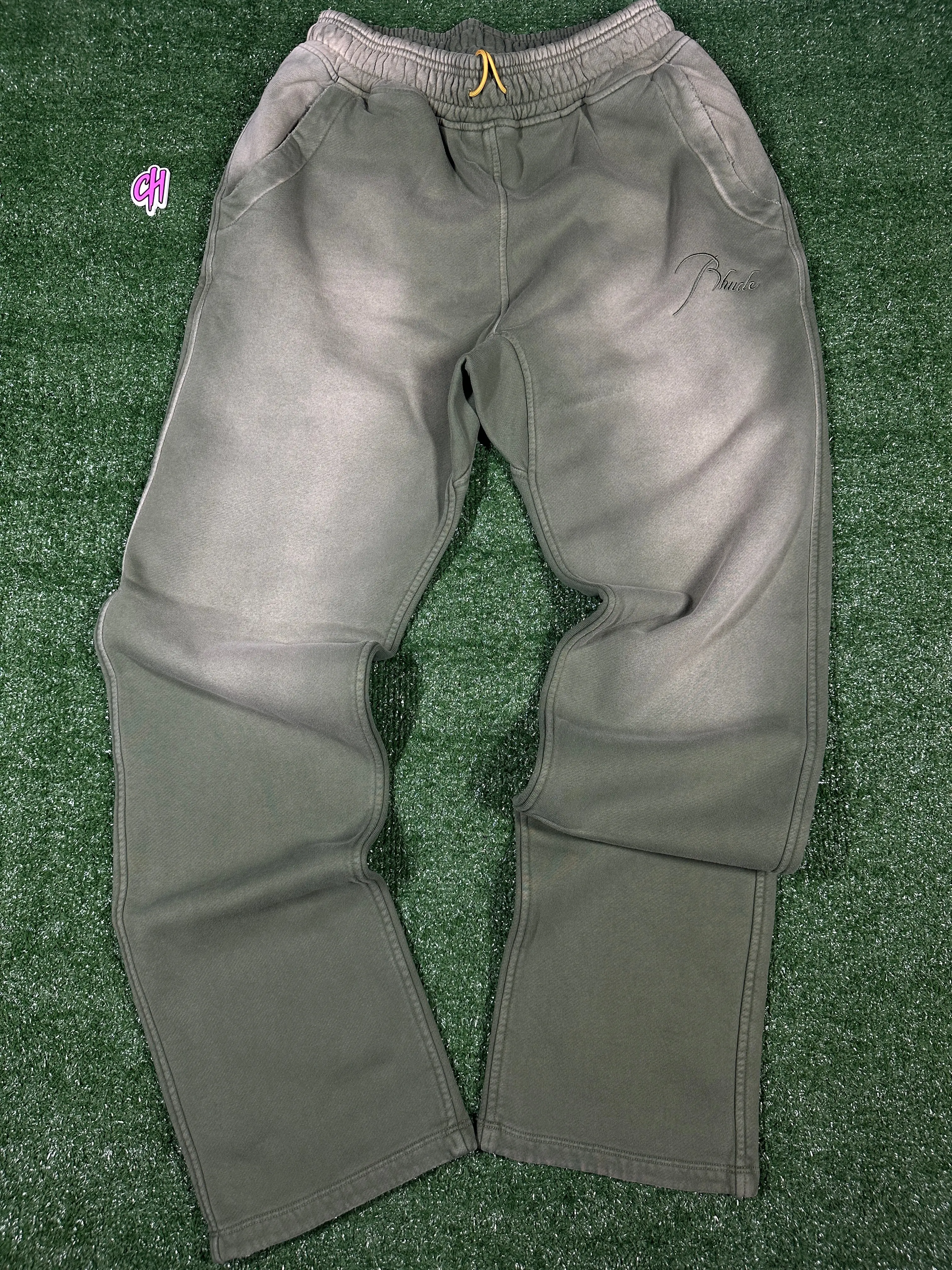 RHUDE Authentic Men's Sundry Olive Heavyweight Embroidered Logo Sweatpants SM MSRP: $765.00