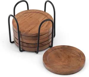 Acacia Wood Coasters Set of 6 with Holder – Absorbent Drink Coasters for Coffee & Dining Tables, Farmhouse Home Decor Bar Accessories, Housewarming Gift Leather & latch