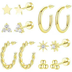 6 & 8 Pairs Stainless Steel Earrings 14K Gold Plated Flat Back Stud Earrings for Women Men Multiple Style Lightweight Dainty Trendy Jewelry Star Triangle Sun Dangle Huggie Hoop Earring Stacks