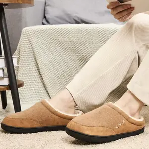 Men’s And Woman's Suede Slip-On Slippers，Indoor Outdoor Slide Men’s And Warm Wool Lined Slip-On House Shoes，Cozy Memory Foam Slippers，Sustainable Suede Slippers，Leather Look Indoor Outdoor Slippers