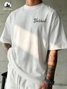 Unisex Short Sleeve Slim Fit Street Style Cotton T-Shirt, Graphic Letters Lettuce Trim Design, Summer Casual Daily Wear