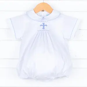 Blue Cross Single Smocked Boy Bubble White Pique - Sweet Easter Church or Baptism Outfit for Little Boys