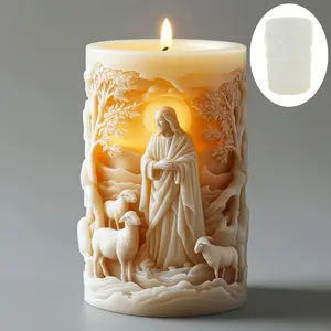 Jesús Sheep Relief Cylinder Candle Handmade Silicone Mold, Resin Craft Mould, Easter Gift, Forest Pastoral Shepherd Jesus Relief Mold