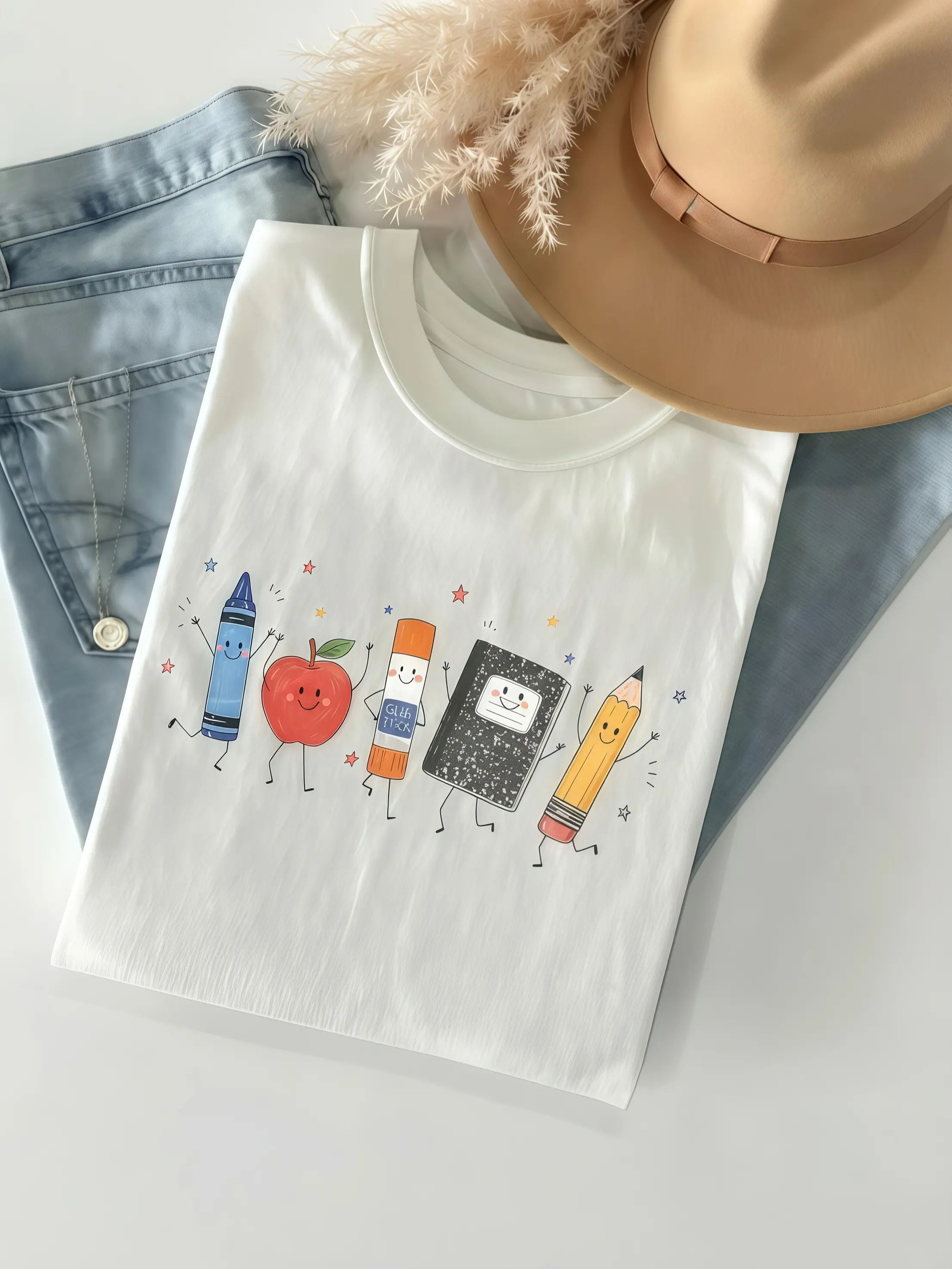 Cute School Supplies Heritage Graphic Tee, Aesthetic Back To School Spirit Shirt, Radiant Teacher Crayon Apple Pencil Notebook Top, Thoughtful Classroom Gift Boutique Heritage Apparel Casual Menswear Cotton Crew Neck Womenswear Streetwear Tshirt