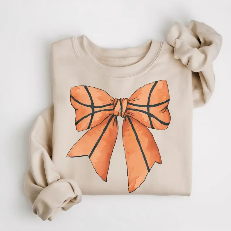 Basketball Bow Sweatshirt, Coquette Basketball Sweater, Cute Basketball Mom Crewneck Hoodie, Gift for Basketball Lover, Cute Basketball Pullover