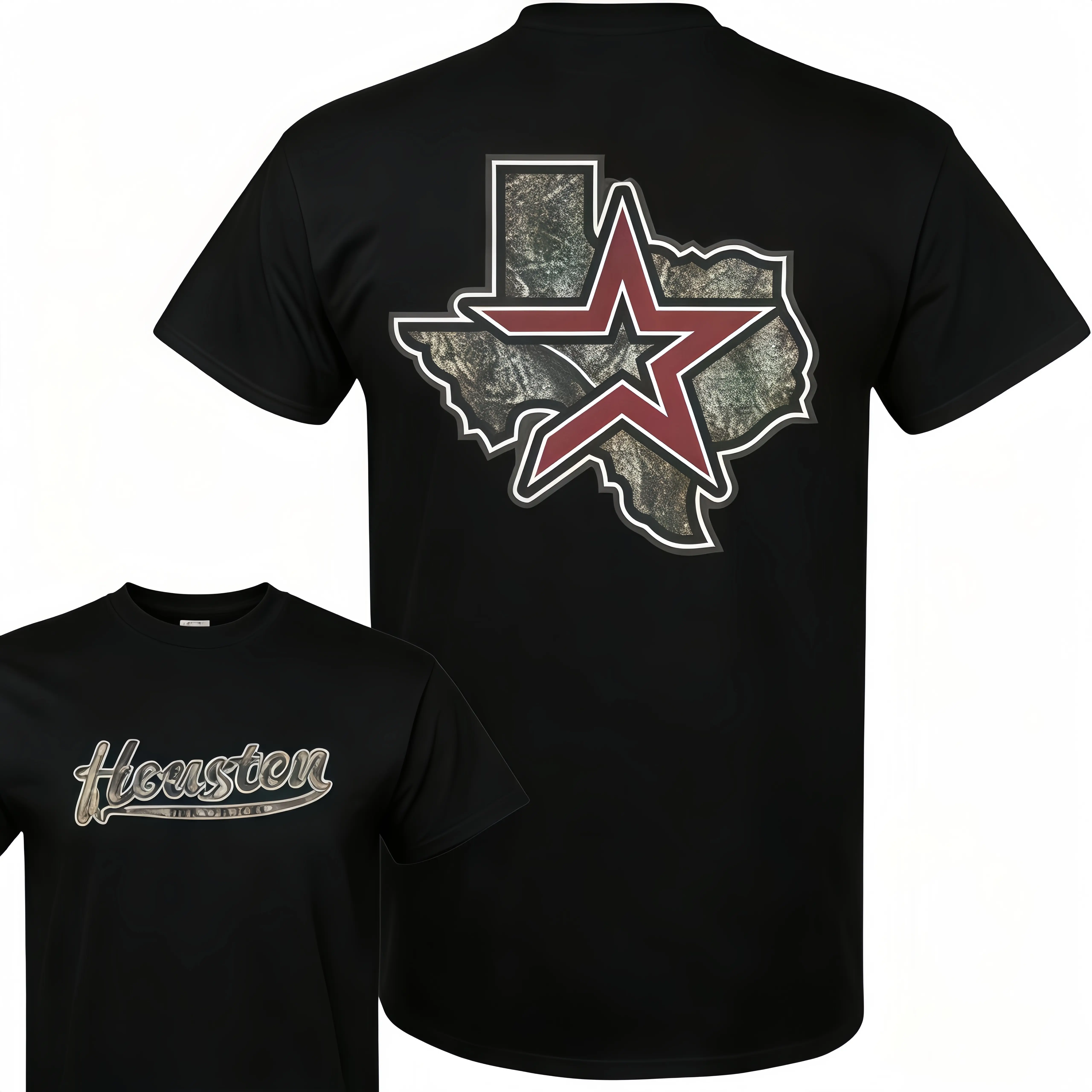 Menswear Round Neck Short-Sleeve Red Street-Outfit Outdoor Style Vintage Houston Texas Camo Star Graphic T-Shirt, Unisex Heavyweight Casual Top for Men’s T-Shirts & Women’s Daily Wear, Shortsleeve, Mens Clothing