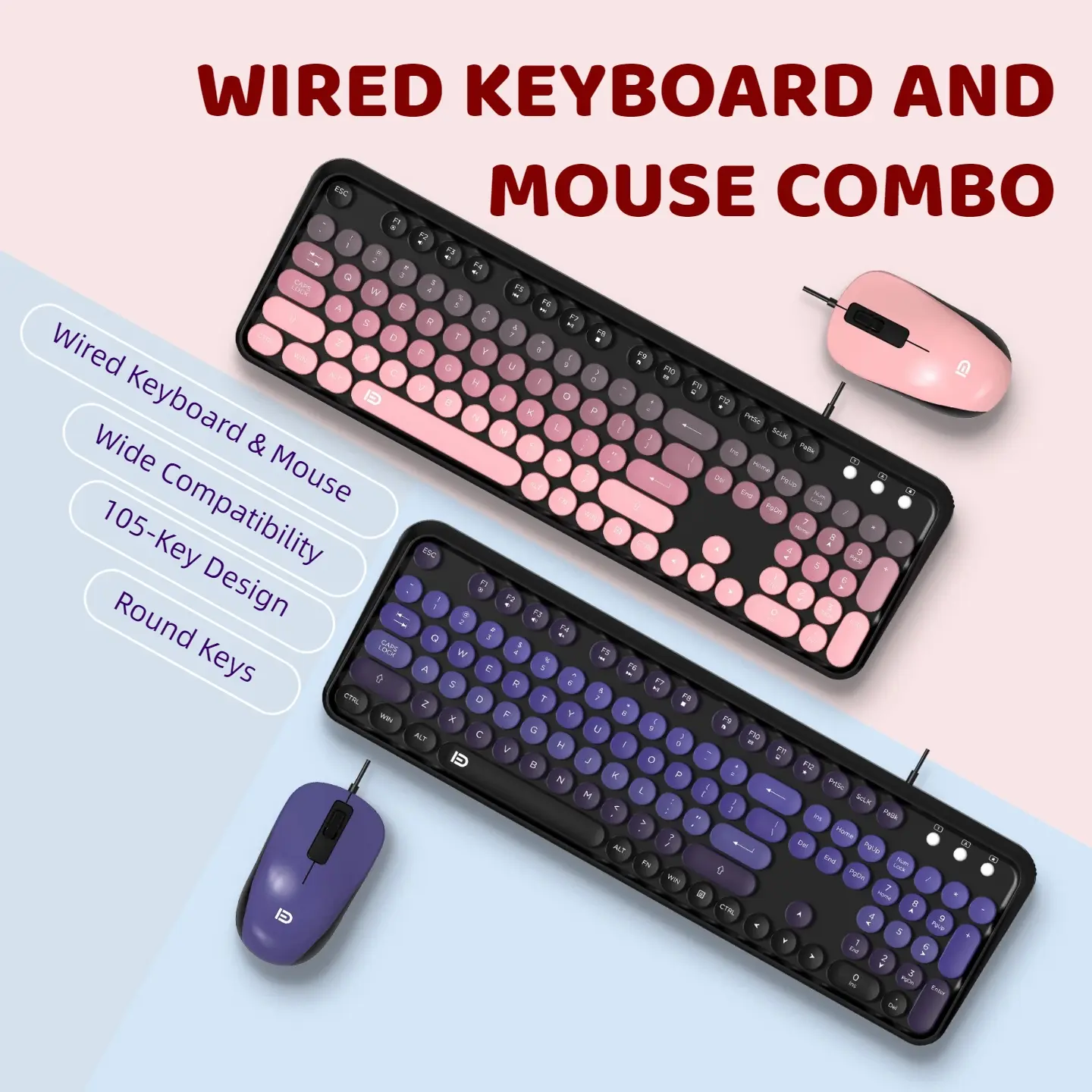 Vintage Vibe Wired Dopamine Playful Keyboard & Mouse Combo - Round Keys, Silent Typing, Modern Heart Design, Mac/PC Compatible, Pink-Purple Gift-Ready for Her, Efficiency Without Limits, Vintage Vibe, Modern Heart