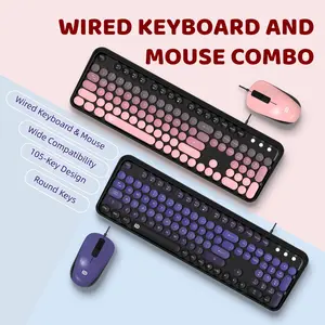 Aesthetic Retro Typewriter Keyboard and Mouse Combo  Cute Round Keycaps, Silent Wired Desktop Set for Mac/PC, Dopamine Desk Decor, Perfect Gift for Her (Pink/Purple)