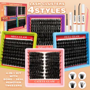 Blinkora 4-in-1 Lash Cluster Wardrobe Kit, D Curl 450+ Lash Clusters with Bond & Seal, Wispy Fluffy Cat Eye Reusable Waterproof DIY Eyelash Extension Kit