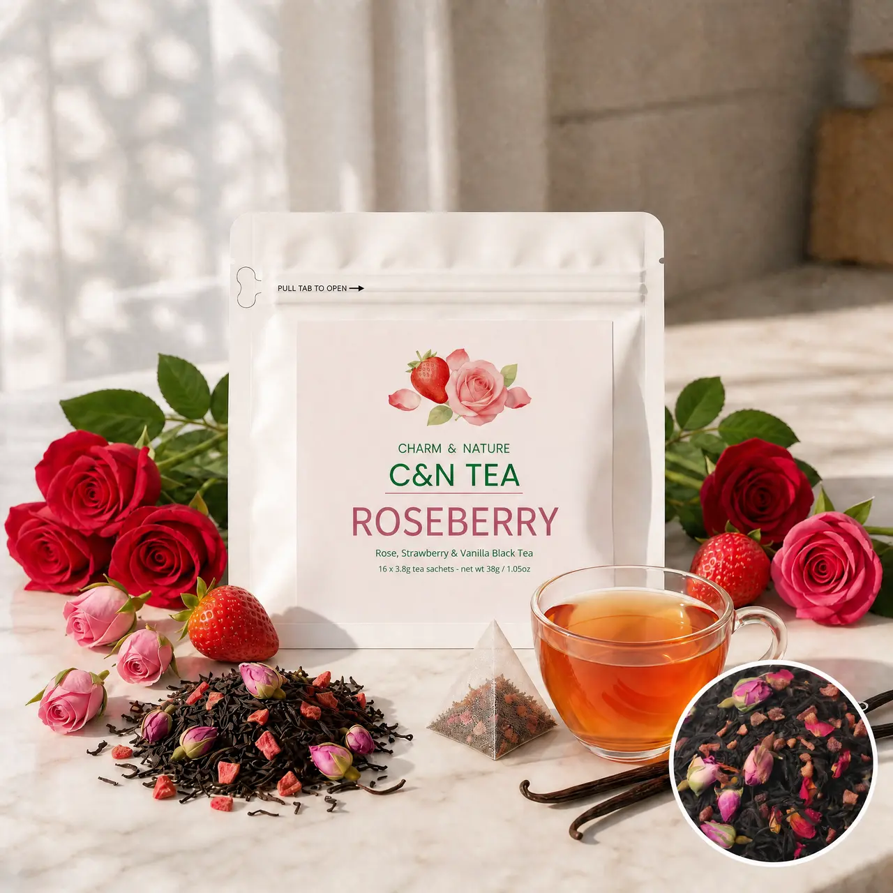 Organic Rose Black Tea Caffeine Free,Cold-brewed tea Edible corn fiber tea Bags ,High-Mountain with Fresh Rose Buds,Premium Fresh Strawberries, and Fresh Vanilla Enjoy Hot or Iced. (10bags)