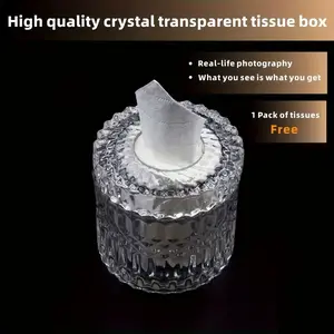 Crystal Glass Napkin Holder Set, Diamond Pattern Design, Transparent Round Storage Box, Bathroom Bedroom Living Room Home Office Decor