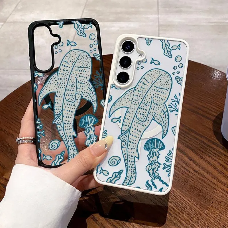Magnetic Phone case Compatible with Galaxy S23  Ultra S24 Plus FE S25 S22+ Vintage Whale Shark Pattern Non-Yellowing Shockproof Soft Silicone Transparent Acrylic Cover Supports Wireless Charging Magnetic Phone Case Supports Wireless Charging for Phone 17