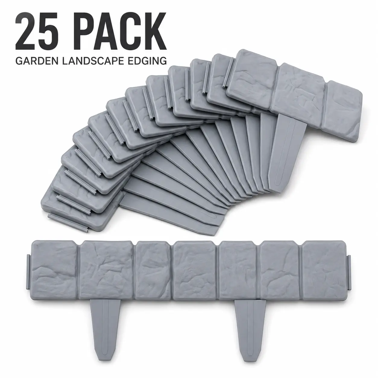 Landscape Edging Border 25 Pack, 9.84-Inch Interlocking Stone-Look Garden Edging with Ground Stakes for Flower Beds, Pathways & Yard Decor