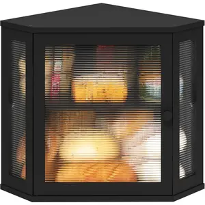 Corner Bread Box for Kitchen Counter, Bamboo Wood Black Large Capacity Bread Storage Bin with Acrylic Wavy Door Panel, Black Medium