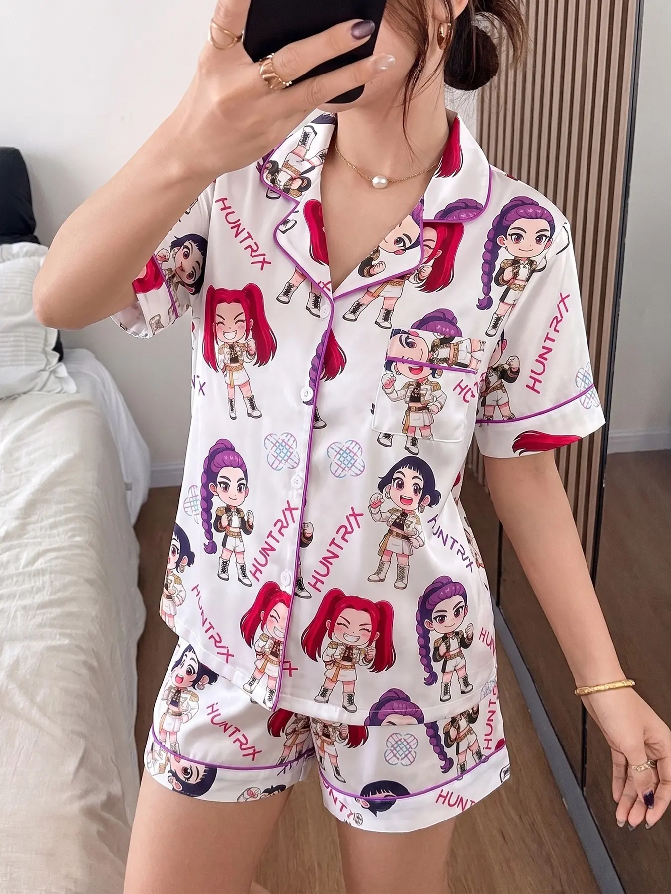 2-Piece Cartoon Character Pajama Set with Demon Hunter Theme - Trendy K-POP Style Short-Sleeve (Button Collar + Pockets) - Soft Lightweight Adult Loungewear Home/Pajama Set for K-POP Lovers Nightwear Chic Loungewear Set