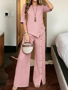 ZANZEA Women's Round Neck Asymmetrical Hem Cover-Up and Split Leg Pants Set, Two-Piece Suits, European and American Casual Fashion Style