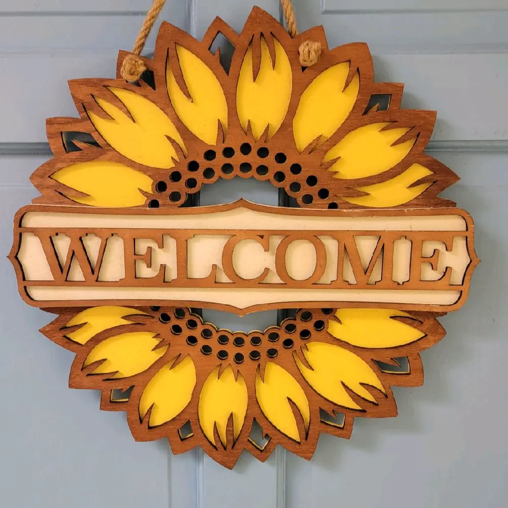 Sunflower Welcome Sign - Wooden Design with Bright Yellow Petals and "WELCOME" Text for Home Decor