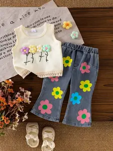 Boho Style Baby Girl 2-Piece Set, Multi-Color Floral Fringe Sleeveless Apricot Vest and Flower Print Jeans, Trendy Kids