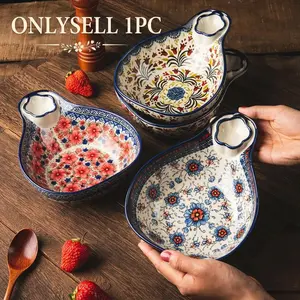 Polish Style Ceramic Dumpling Plate with Hand-Painted Relief, Underglaze Color Decorative Tray, Multi-Purpose Serving Dish for Parties & Home, Party Plates